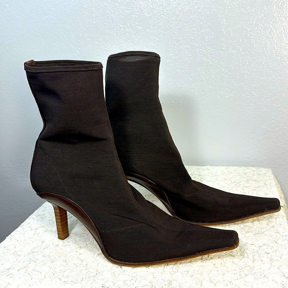 Sergio Rossi Brown Leather Nylon/ Spandex Pull On Boots